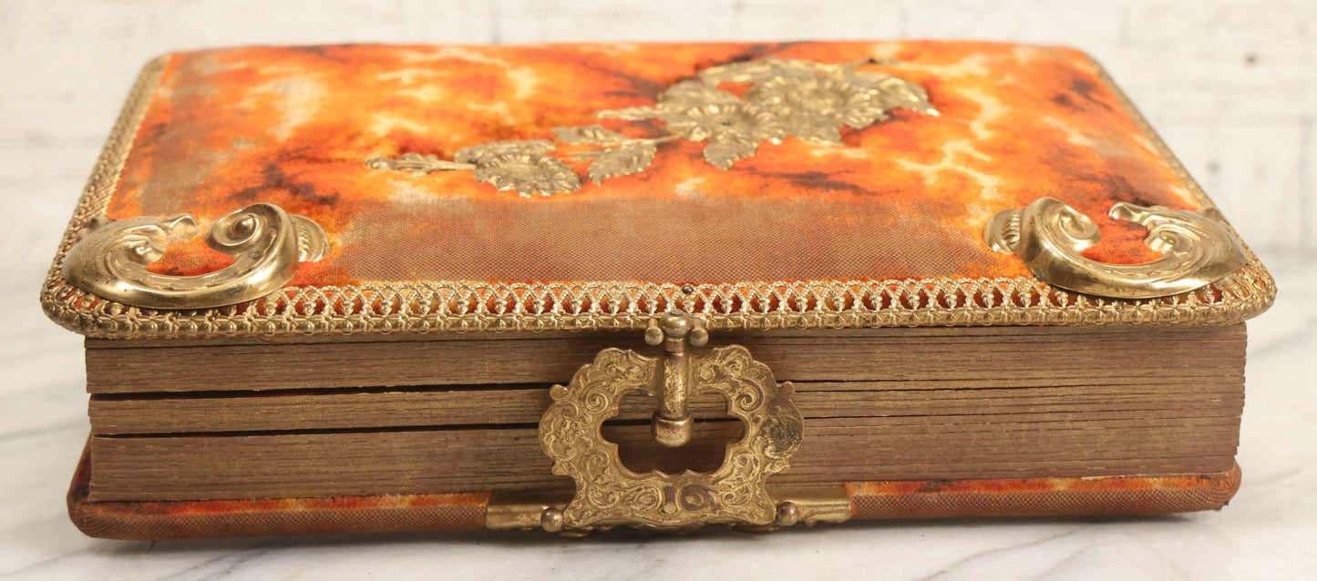 Lot 081 - Antique Cabinet Card And Carte De Visite C.D.V. Photograph Album With 38 Photographs, Brass Pressed Metal Ornaments, Display Stand, Orange And Brown Patterned Crushed Velvet Covers