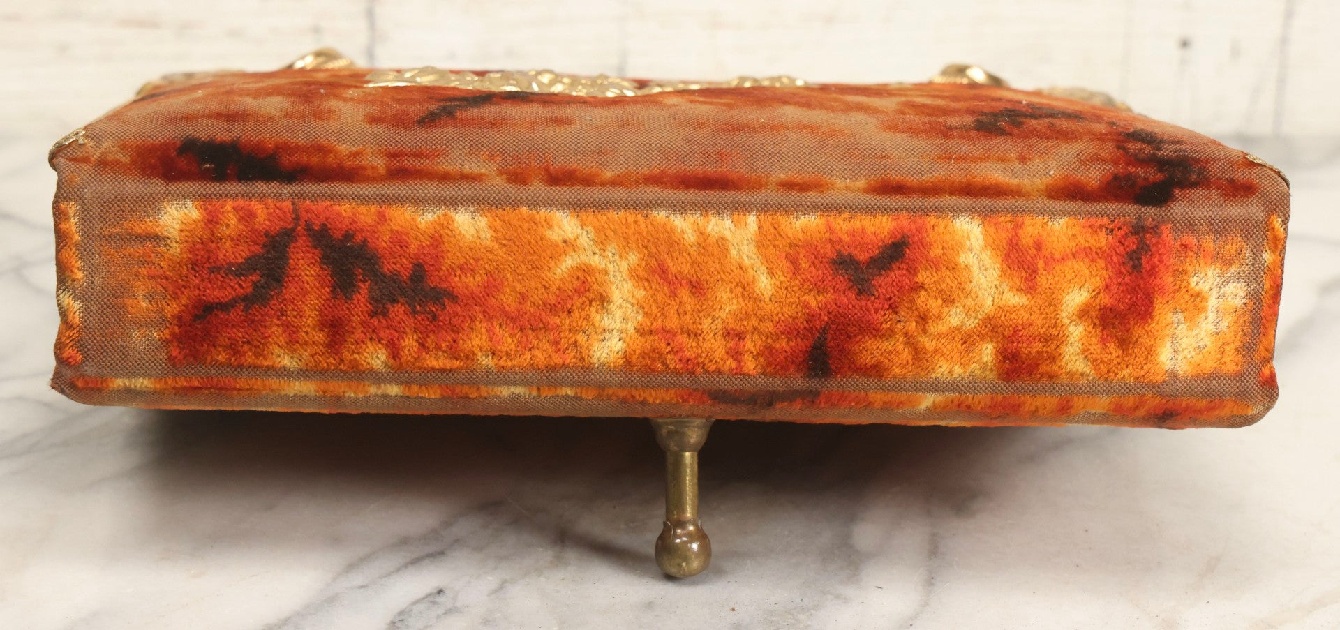 Lot 081 - Antique Cabinet Card And Carte De Visite C.D.V. Photograph Album With 38 Photographs, Brass Pressed Metal Ornaments, Display Stand, Orange And Brown Patterned Crushed Velvet Covers