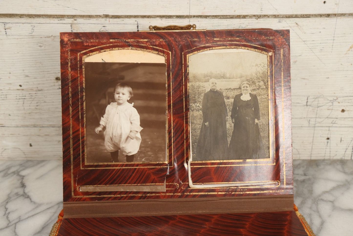 Lot 081 - Antique Cabinet Card And Carte De Visite C.D.V. Photograph Album With 38 Photographs, Brass Pressed Metal Ornaments, Display Stand, Orange And Brown Patterned Crushed Velvet Covers