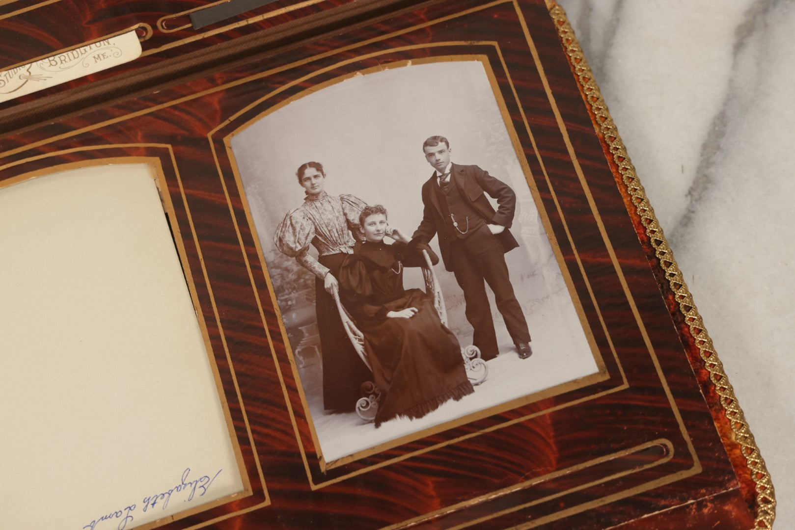 Lot 081 - Antique Cabinet Card And Carte De Visite C.D.V. Photograph Album With 38 Photographs, Brass Pressed Metal Ornaments, Display Stand, Orange And Brown Patterned Crushed Velvet Covers
