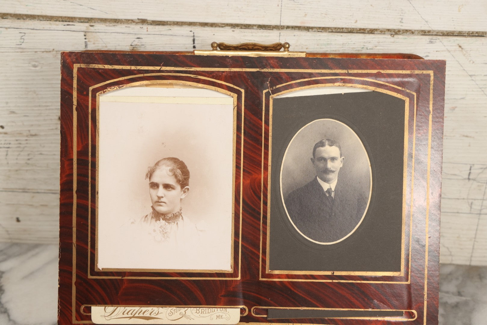 Lot 081 - Antique Cabinet Card And Carte De Visite C.D.V. Photograph Album With 38 Photographs, Brass Pressed Metal Ornaments, Display Stand, Orange And Brown Patterned Crushed Velvet Covers
