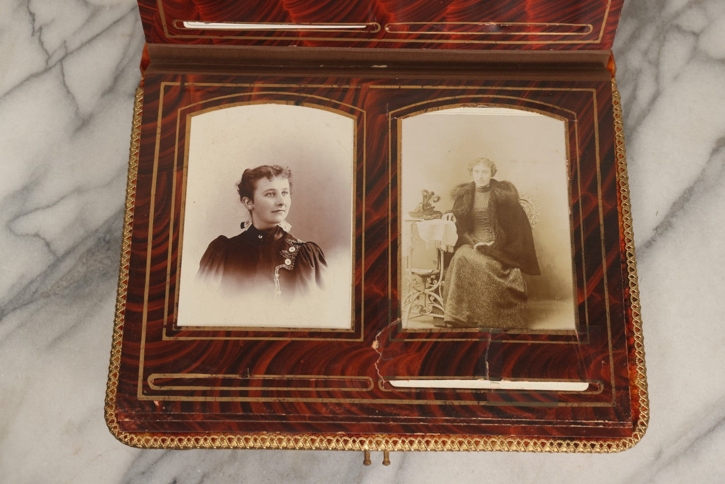 Lot 081 - Antique Cabinet Card And Carte De Visite C.D.V. Photograph Album With 38 Photographs, Brass Pressed Metal Ornaments, Display Stand, Orange And Brown Patterned Crushed Velvet Covers