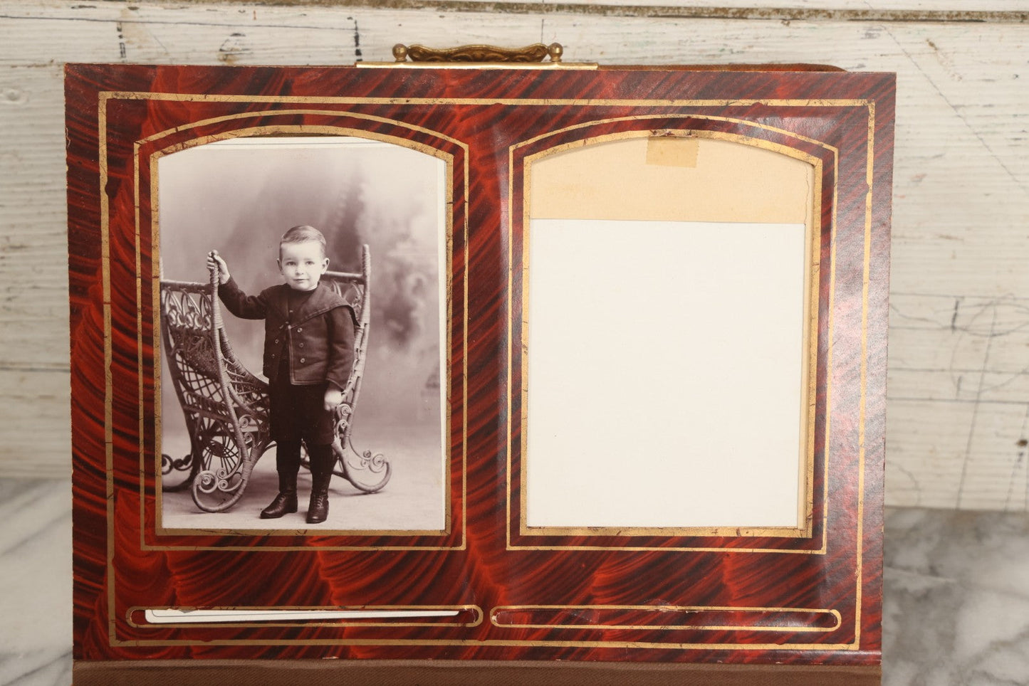 Lot 081 - Antique Cabinet Card And Carte De Visite C.D.V. Photograph Album With 38 Photographs, Brass Pressed Metal Ornaments, Display Stand, Orange And Brown Patterned Crushed Velvet Covers