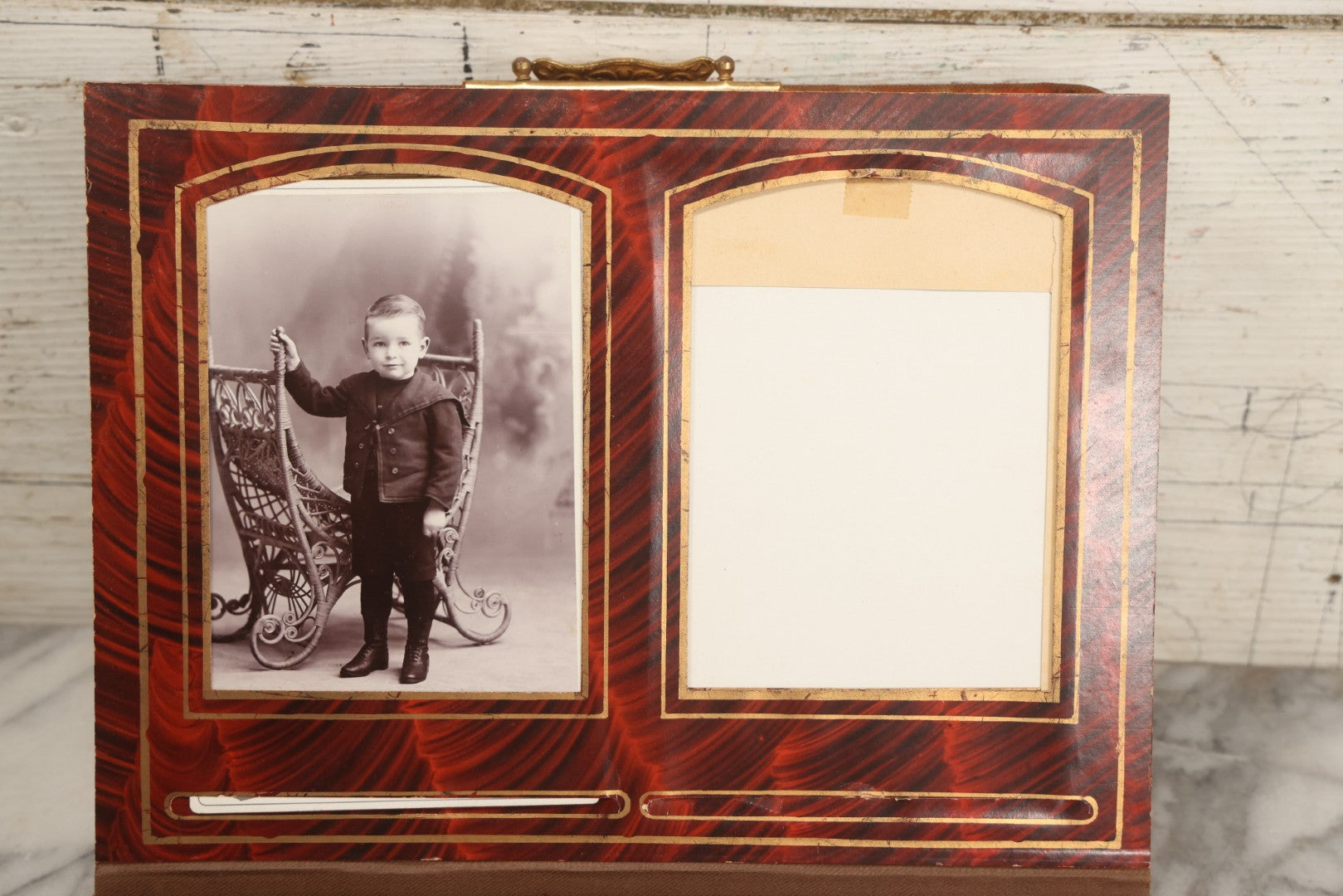 Lot 081 - Antique Cabinet Card And Carte De Visite C.D.V. Photograph Album With 38 Photographs, Brass Pressed Metal Ornaments, Display Stand, Orange And Brown Patterned Crushed Velvet Covers