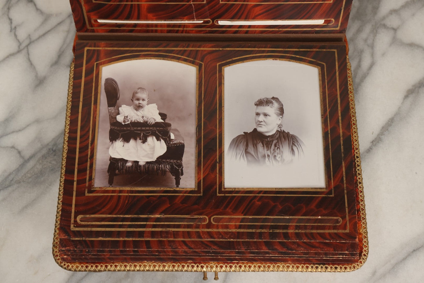 Lot 081 - Antique Cabinet Card And Carte De Visite C.D.V. Photograph Album With 38 Photographs, Brass Pressed Metal Ornaments, Display Stand, Orange And Brown Patterned Crushed Velvet Covers