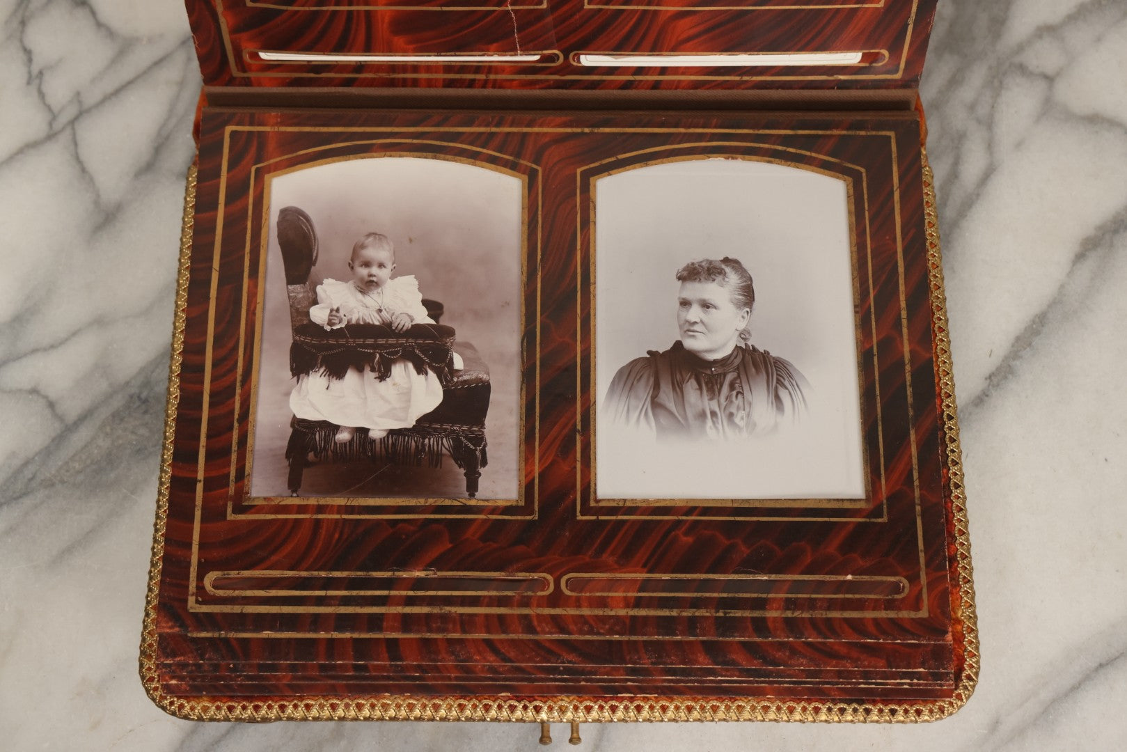 Lot 081 - Antique Cabinet Card And Carte De Visite C.D.V. Photograph Album With 38 Photographs, Brass Pressed Metal Ornaments, Display Stand, Orange And Brown Patterned Crushed Velvet Covers