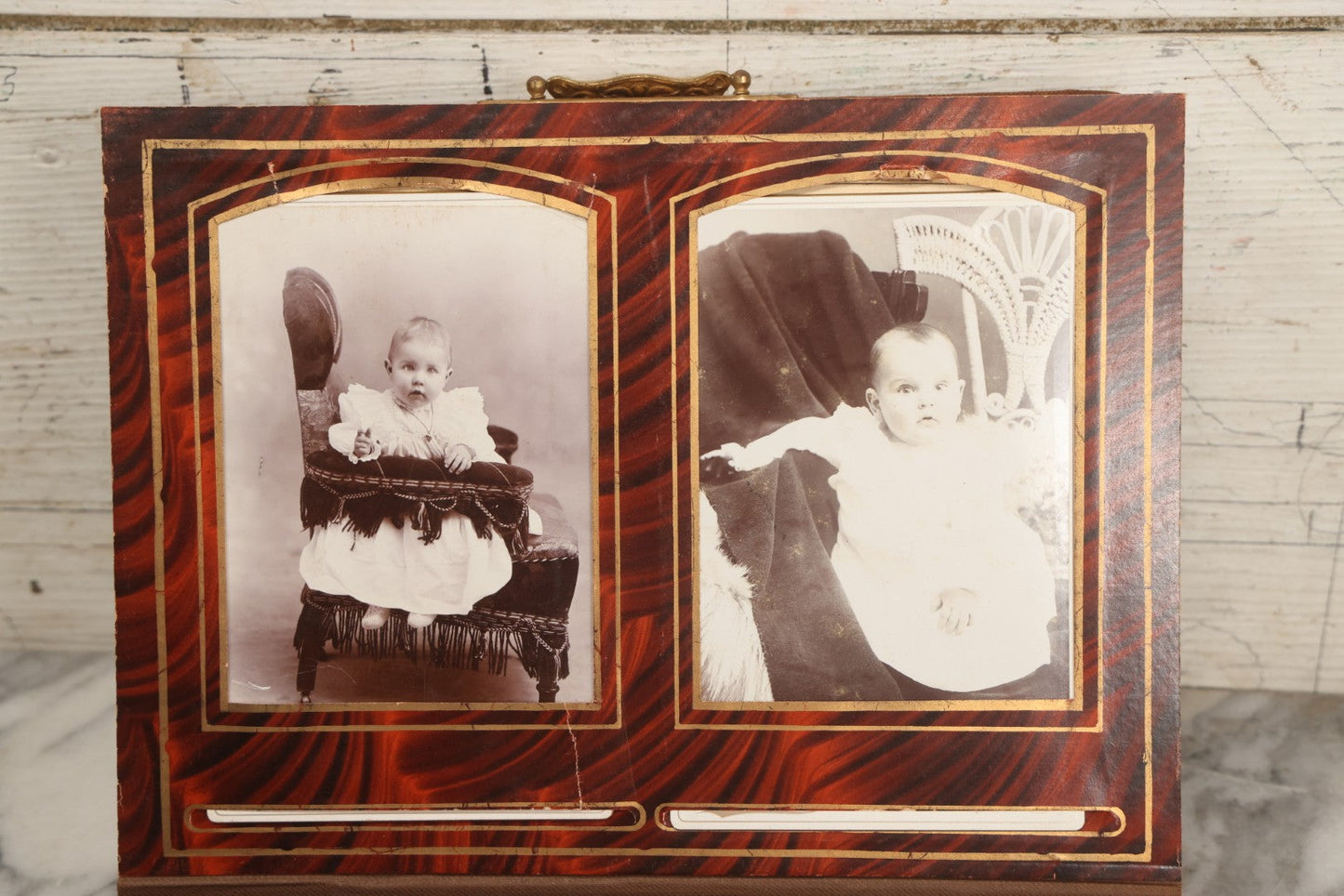 Lot 081 - Antique Cabinet Card And Carte De Visite C.D.V. Photograph Album With 38 Photographs, Brass Pressed Metal Ornaments, Display Stand, Orange And Brown Patterned Crushed Velvet Covers