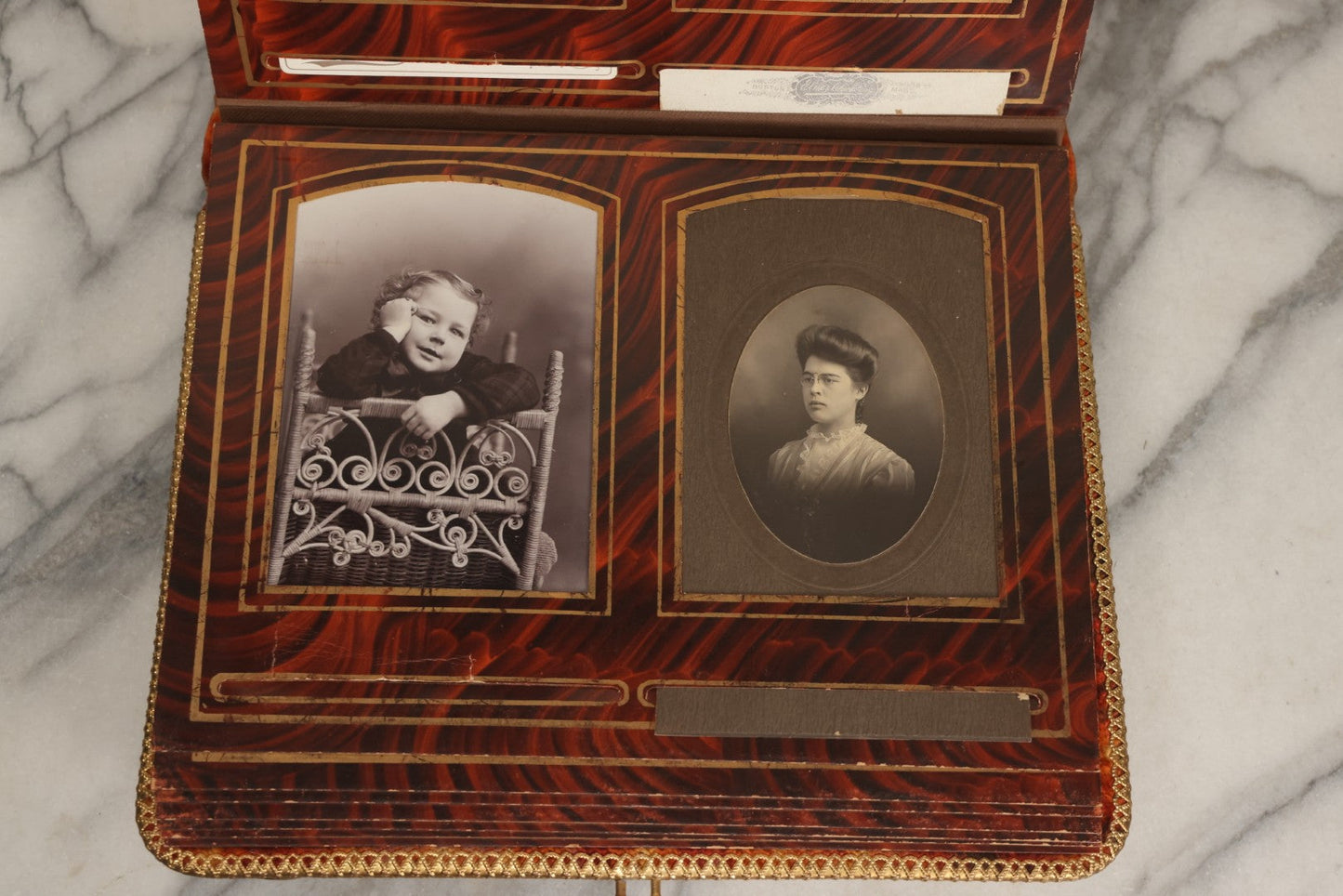 Lot 081 - Antique Cabinet Card And Carte De Visite C.D.V. Photograph Album With 38 Photographs, Brass Pressed Metal Ornaments, Display Stand, Orange And Brown Patterned Crushed Velvet Covers