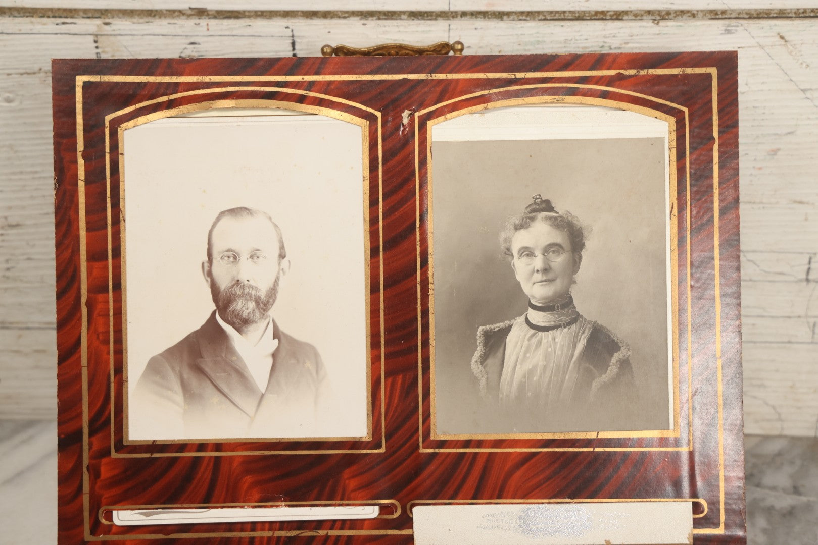 Lot 081 - Antique Cabinet Card And Carte De Visite C.D.V. Photograph Album With 38 Photographs, Brass Pressed Metal Ornaments, Display Stand, Orange And Brown Patterned Crushed Velvet Covers