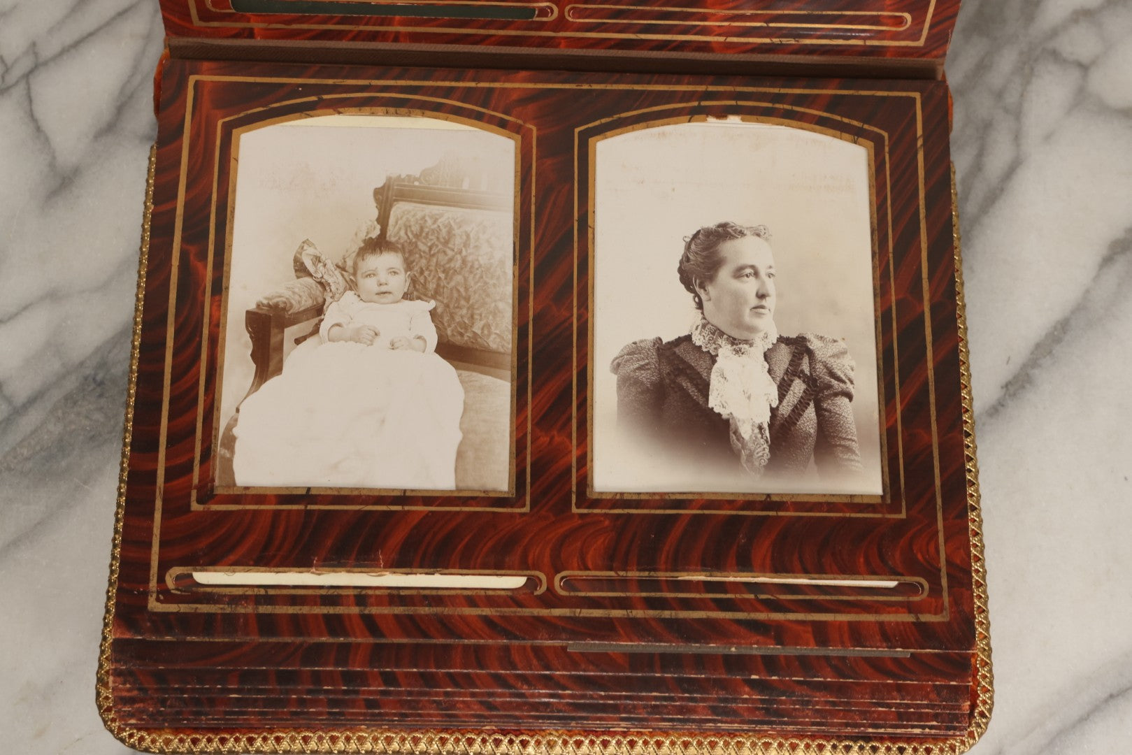 Lot 081 - Antique Cabinet Card And Carte De Visite C.D.V. Photograph Album With 38 Photographs, Brass Pressed Metal Ornaments, Display Stand, Orange And Brown Patterned Crushed Velvet Covers