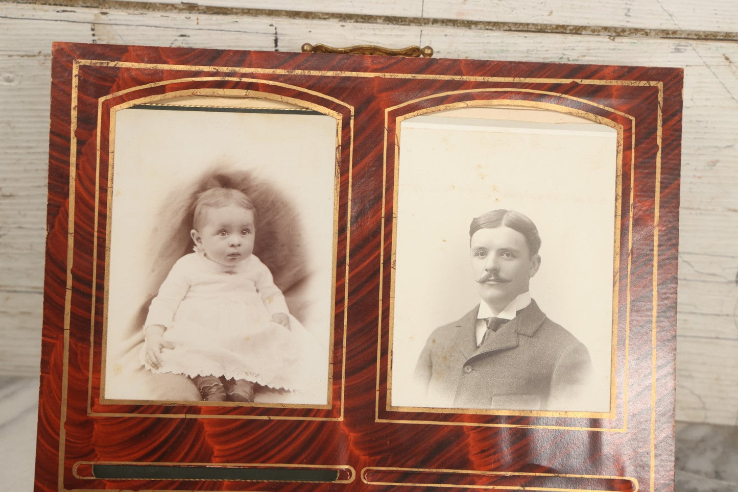 Lot 081 - Antique Cabinet Card And Carte De Visite C.D.V. Photograph Album With 38 Photographs, Brass Pressed Metal Ornaments, Display Stand, Orange And Brown Patterned Crushed Velvet Covers