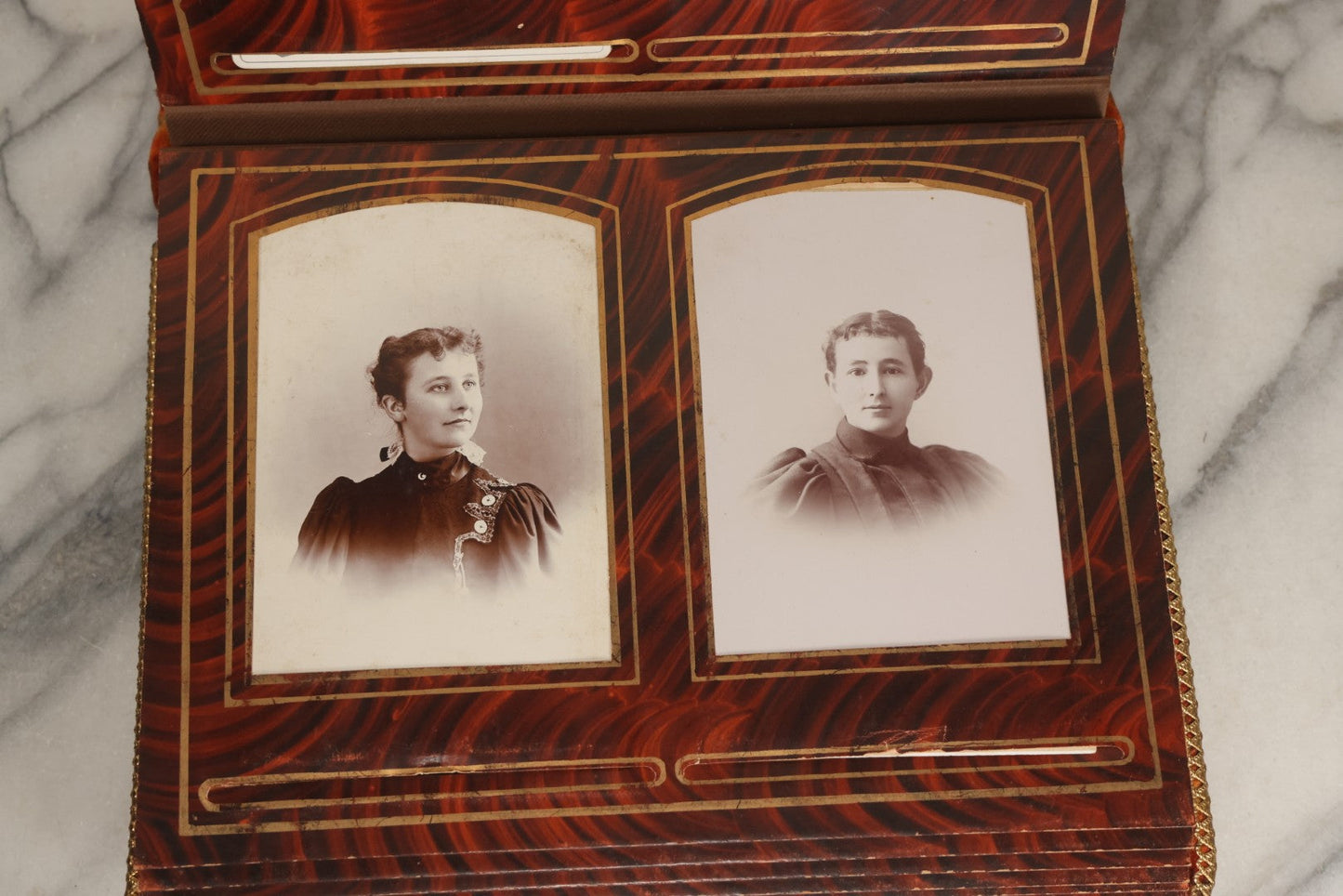 Lot 081 - Antique Cabinet Card And Carte De Visite C.D.V. Photograph Album With 38 Photographs, Brass Pressed Metal Ornaments, Display Stand, Orange And Brown Patterned Crushed Velvet Covers