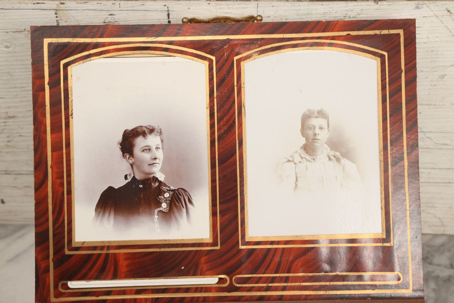 Lot 081 - Antique Cabinet Card And Carte De Visite C.D.V. Photograph Album With 38 Photographs, Brass Pressed Metal Ornaments, Display Stand, Orange And Brown Patterned Crushed Velvet Covers