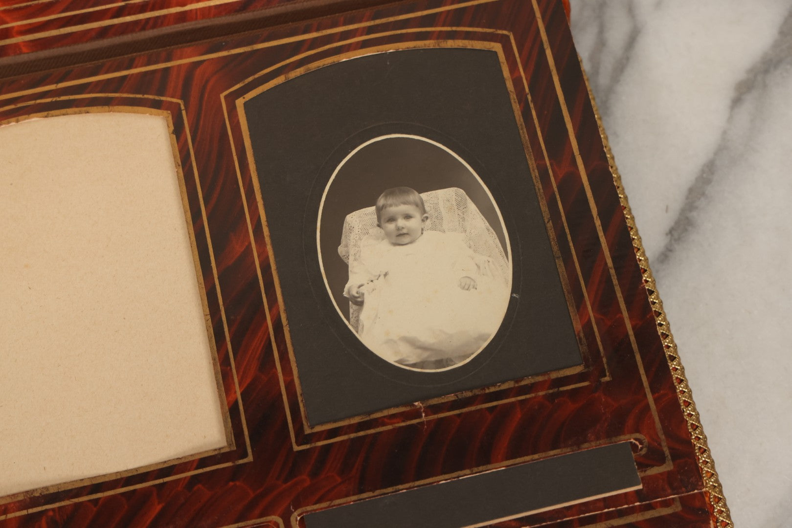 Lot 081 - Antique Cabinet Card And Carte De Visite C.D.V. Photograph Album With 38 Photographs, Brass Pressed Metal Ornaments, Display Stand, Orange And Brown Patterned Crushed Velvet Covers