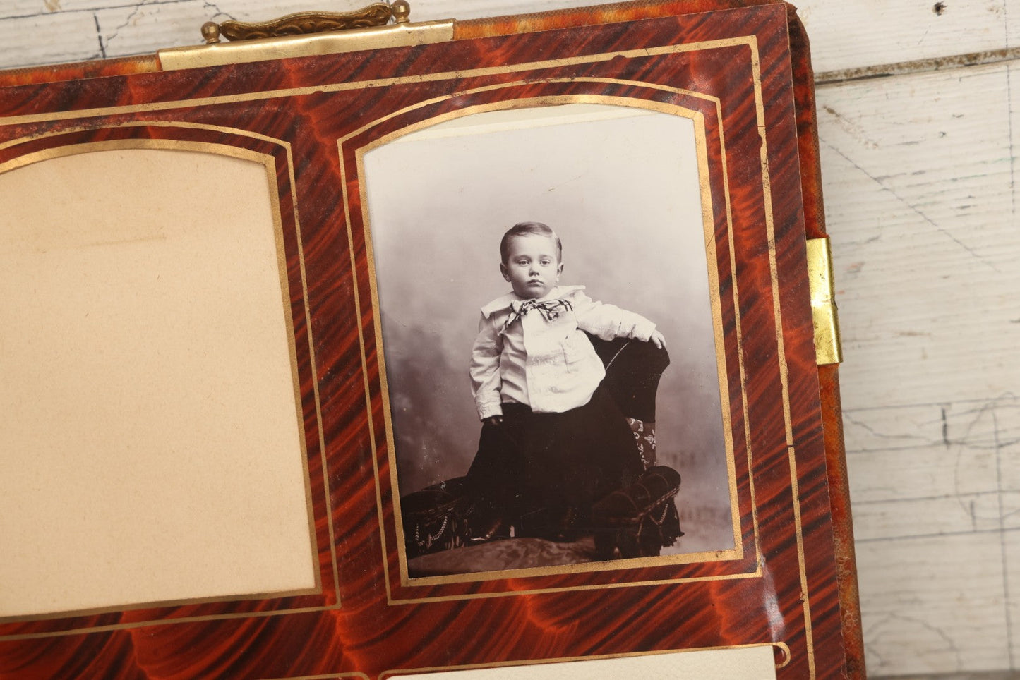 Lot 081 - Antique Cabinet Card And Carte De Visite C.D.V. Photograph Album With 38 Photographs, Brass Pressed Metal Ornaments, Display Stand, Orange And Brown Patterned Crushed Velvet Covers