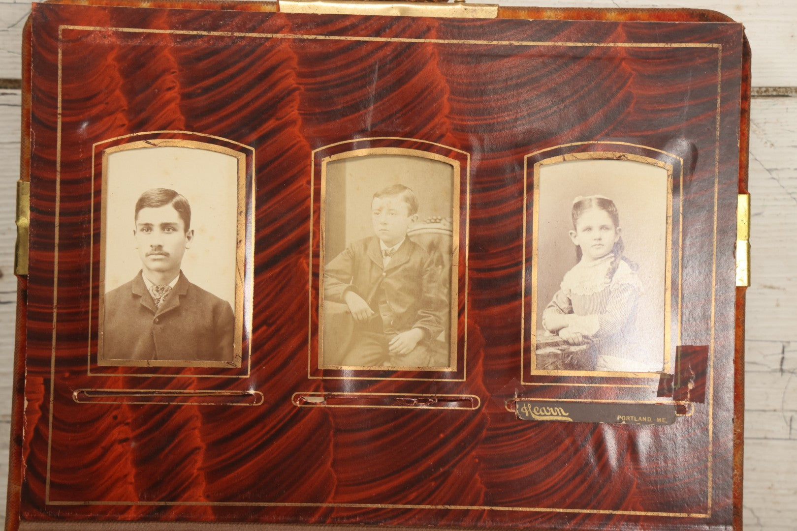 Lot 081 - Antique Cabinet Card And Carte De Visite C.D.V. Photograph Album With 38 Photographs, Brass Pressed Metal Ornaments, Display Stand, Orange And Brown Patterned Crushed Velvet Covers