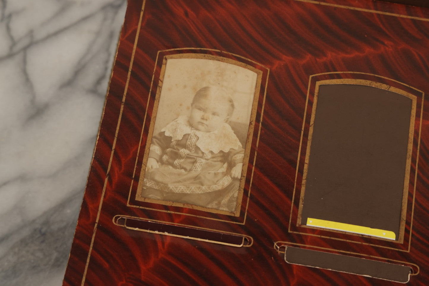 Lot 081 - Antique Cabinet Card And Carte De Visite C.D.V. Photograph Album With 38 Photographs, Brass Pressed Metal Ornaments, Display Stand, Orange And Brown Patterned Crushed Velvet Covers
