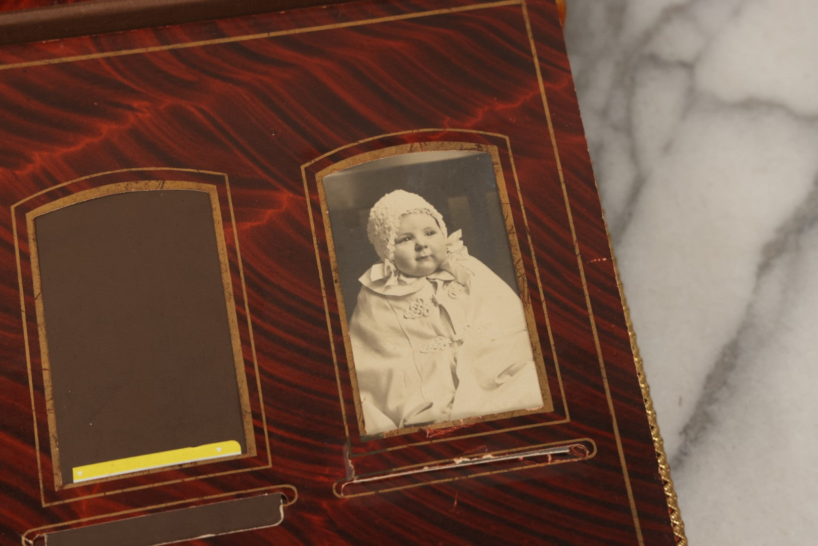 Lot 081 - Antique Cabinet Card And Carte De Visite C.D.V. Photograph Album With 38 Photographs, Brass Pressed Metal Ornaments, Display Stand, Orange And Brown Patterned Crushed Velvet Covers