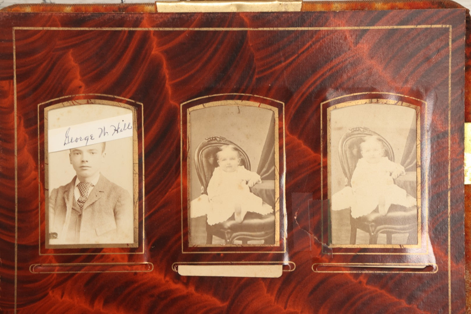 Lot 081 - Antique Cabinet Card And Carte De Visite C.D.V. Photograph Album With 38 Photographs, Brass Pressed Metal Ornaments, Display Stand, Orange And Brown Patterned Crushed Velvet Covers