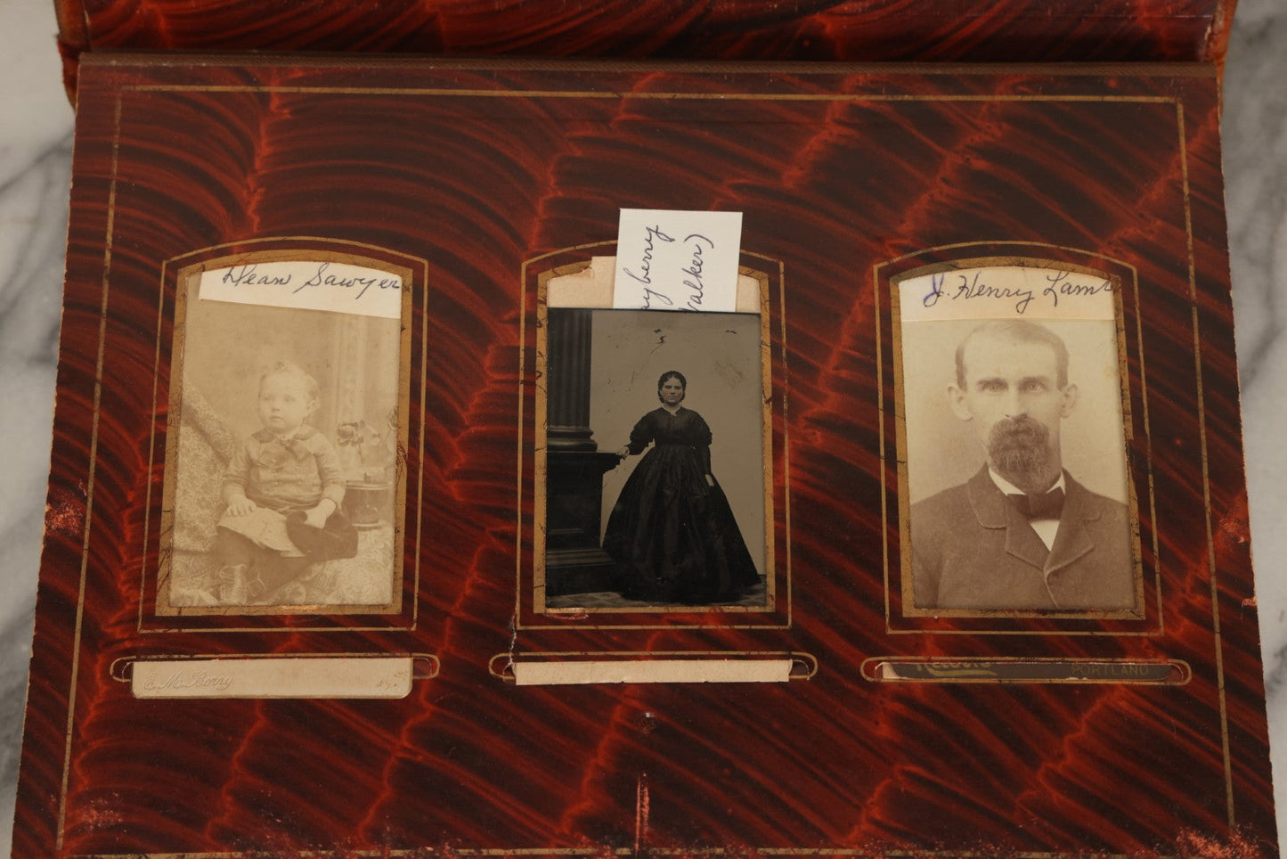 Lot 081 - Antique Cabinet Card And Carte De Visite C.D.V. Photograph Album With 38 Photographs, Brass Pressed Metal Ornaments, Display Stand, Orange And Brown Patterned Crushed Velvet Covers