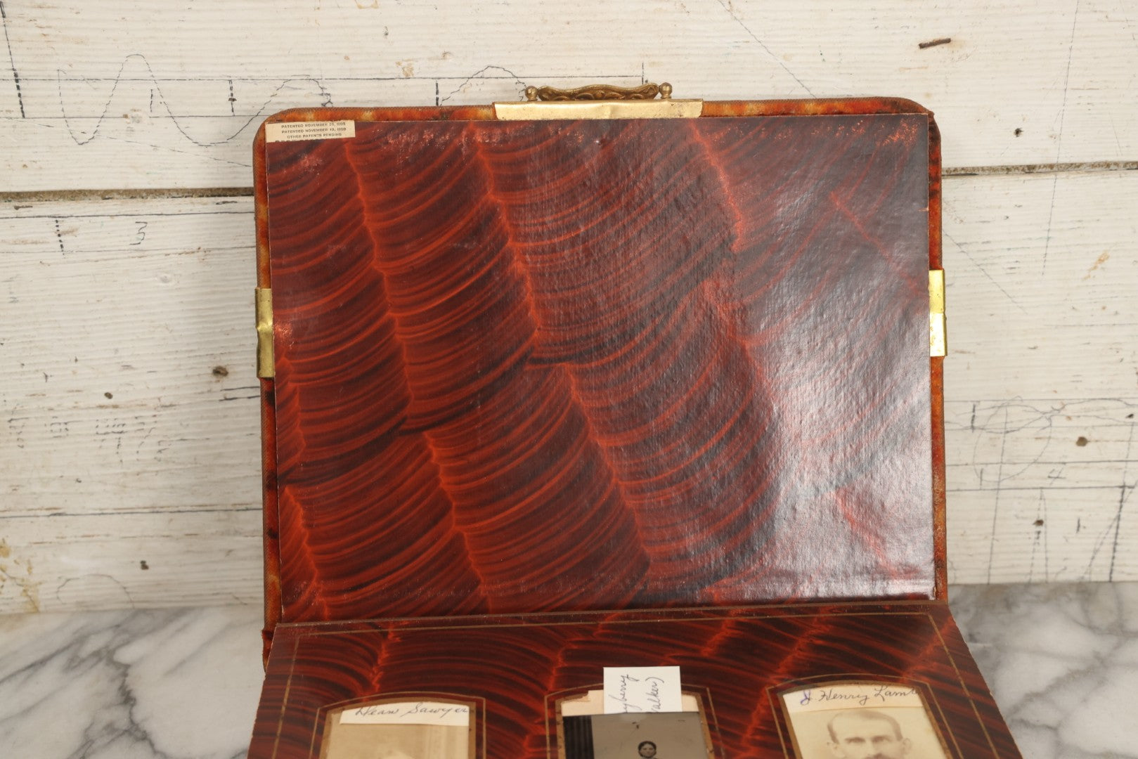 Lot 081 - Antique Cabinet Card And Carte De Visite C.D.V. Photograph Album With 38 Photographs, Brass Pressed Metal Ornaments, Display Stand, Orange And Brown Patterned Crushed Velvet Covers