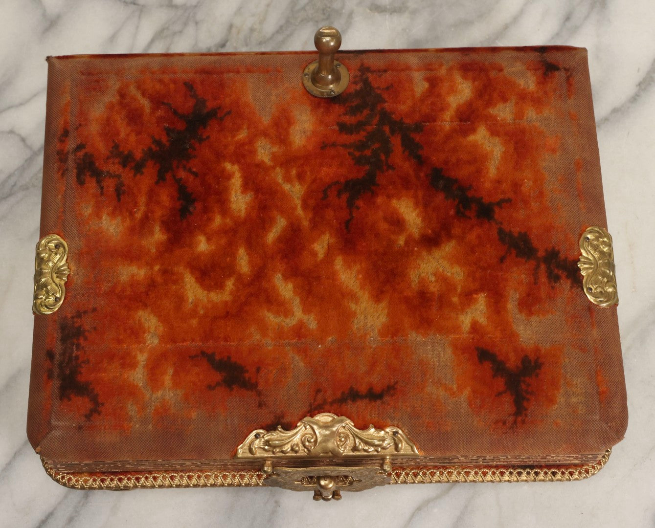 Lot 081 - Antique Cabinet Card And Carte De Visite C.D.V. Photograph Album With 38 Photographs, Brass Pressed Metal Ornaments, Display Stand, Orange And Brown Patterned Crushed Velvet Covers