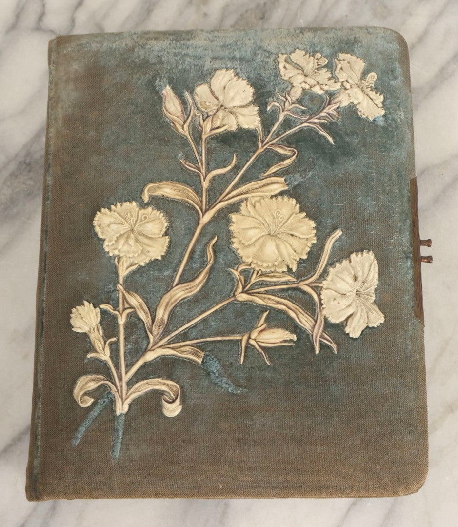 Lot 082 - Antique Cabinet Card And Carte De Visite C.D.V. Photograph Album With 24 Cabinet Card Photographs, Light Blue Velvet Covers With White Celluloid Floral Appliqué, Missing Clasp