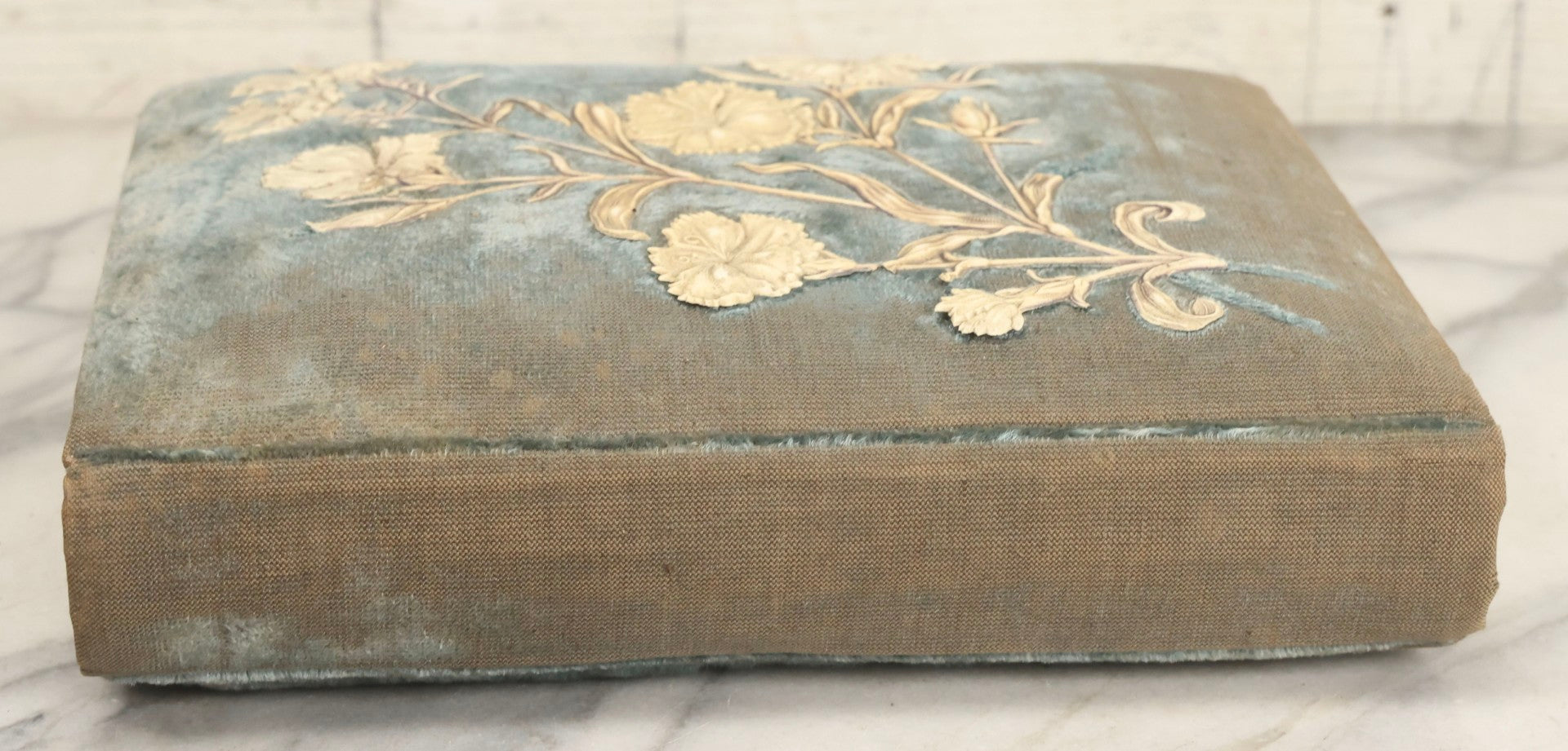 Lot 082 - Antique Cabinet Card And Carte De Visite C.D.V. Photograph Album With 24 Cabinet Card Photographs, Light Blue Velvet Covers With White Celluloid Floral Appliqué, Missing Clasp