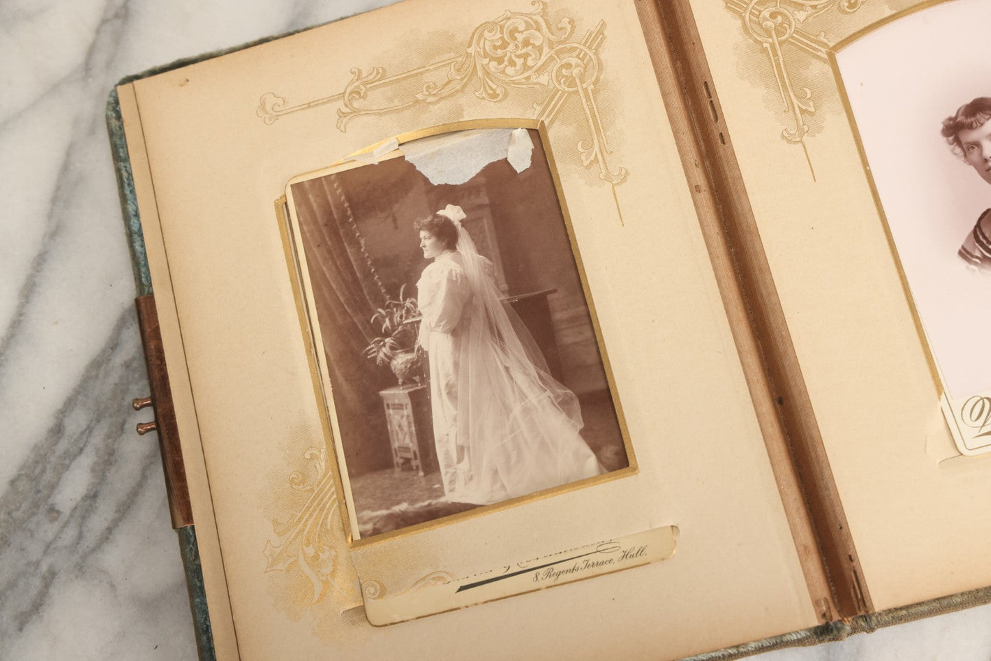 Lot 082 - Antique Cabinet Card And Carte De Visite C.D.V. Photograph Album With 24 Cabinet Card Photographs, Light Blue Velvet Covers With White Celluloid Floral Appliqué, Missing Clasp