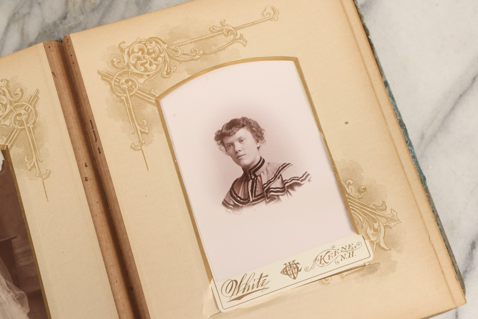 Lot 082 - Antique Cabinet Card And Carte De Visite C.D.V. Photograph Album With 24 Cabinet Card Photographs, Light Blue Velvet Covers With White Celluloid Floral Appliqué, Missing Clasp