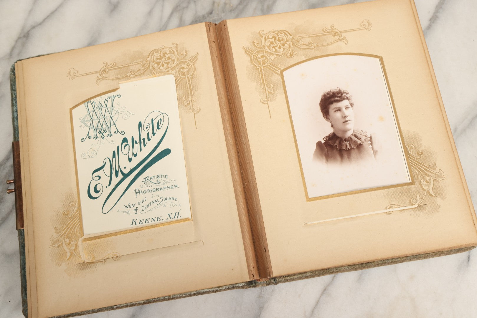 Lot 082 - Antique Cabinet Card And Carte De Visite C.D.V. Photograph Album With 24 Cabinet Card Photographs, Light Blue Velvet Covers With White Celluloid Floral Appliqué, Missing Clasp