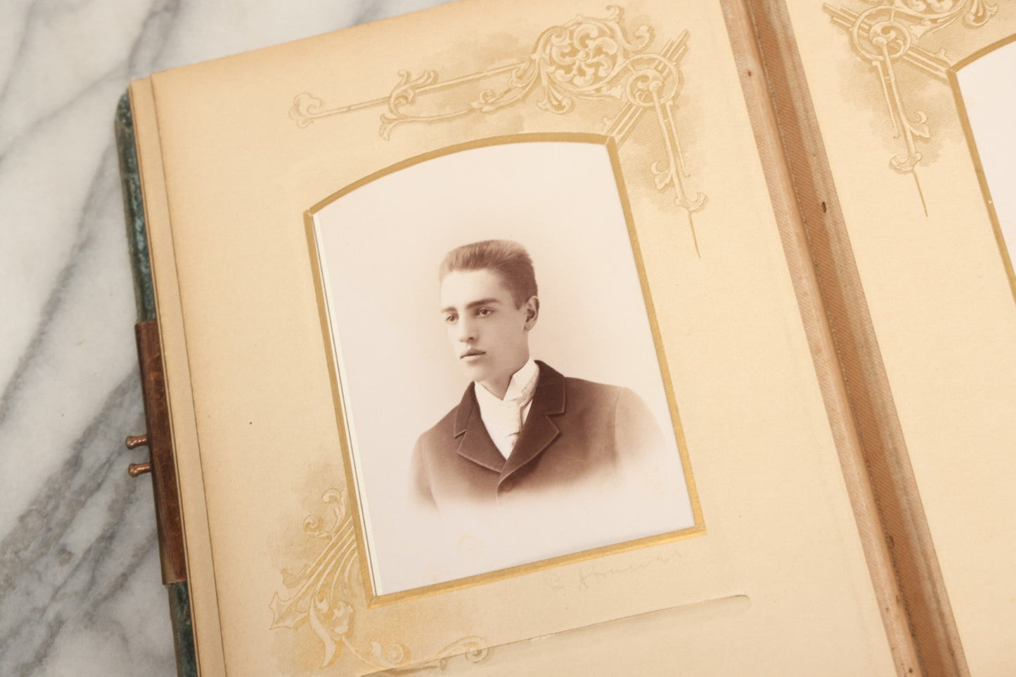 Lot 082 - Antique Cabinet Card And Carte De Visite C.D.V. Photograph Album With 24 Cabinet Card Photographs, Light Blue Velvet Covers With White Celluloid Floral Appliqué, Missing Clasp