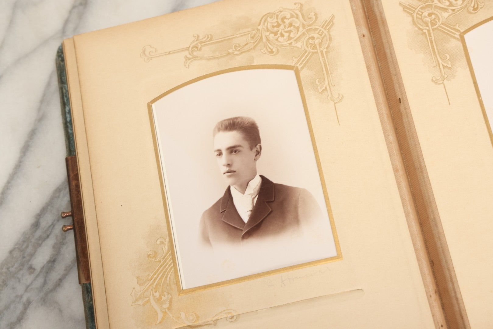 Lot 082 - Antique Cabinet Card And Carte De Visite C.D.V. Photograph Album With 24 Cabinet Card Photographs, Light Blue Velvet Covers With White Celluloid Floral Appliqué, Missing Clasp