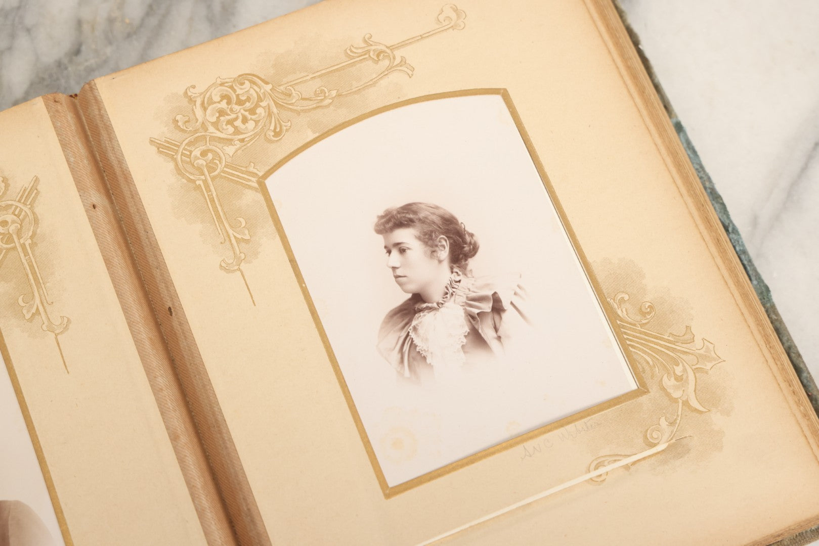 Lot 082 - Antique Cabinet Card And Carte De Visite C.D.V. Photograph Album With 24 Cabinet Card Photographs, Light Blue Velvet Covers With White Celluloid Floral Appliqué, Missing Clasp