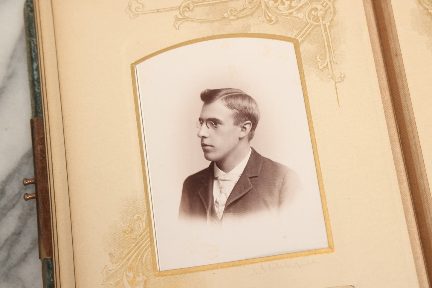 Lot 082 - Antique Cabinet Card And Carte De Visite C.D.V. Photograph Album With 24 Cabinet Card Photographs, Light Blue Velvet Covers With White Celluloid Floral Appliqué, Missing Clasp