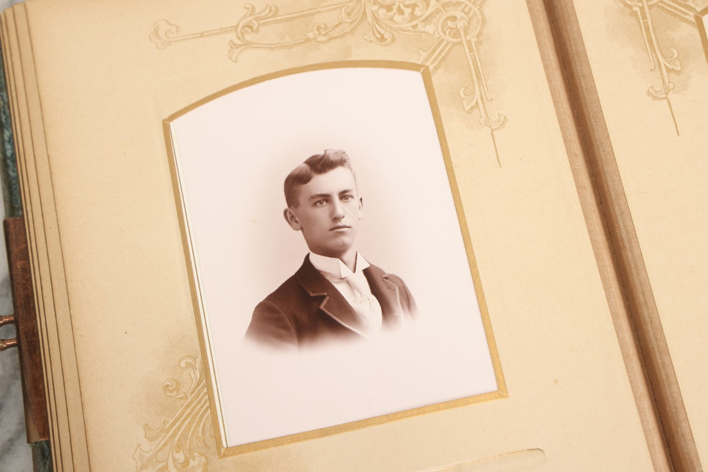 Lot 082 - Antique Cabinet Card And Carte De Visite C.D.V. Photograph Album With 24 Cabinet Card Photographs, Light Blue Velvet Covers With White Celluloid Floral Appliqué, Missing Clasp