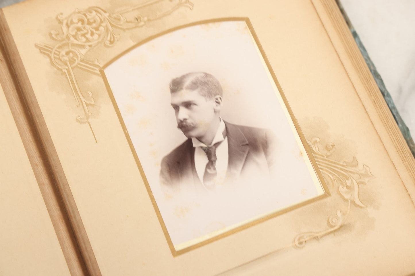 Lot 082 - Antique Cabinet Card And Carte De Visite C.D.V. Photograph Album With 24 Cabinet Card Photographs, Light Blue Velvet Covers With White Celluloid Floral Appliqué, Missing Clasp