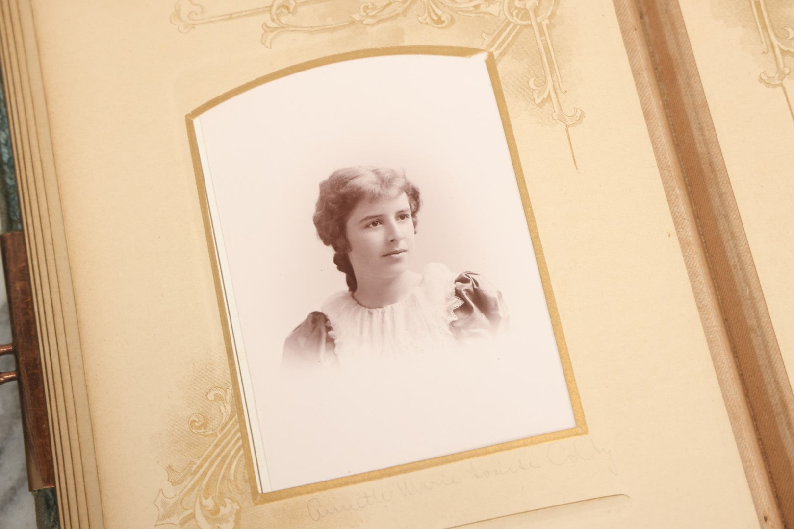 Lot 082 - Antique Cabinet Card And Carte De Visite C.D.V. Photograph Album With 24 Cabinet Card Photographs, Light Blue Velvet Covers With White Celluloid Floral Appliqué, Missing Clasp