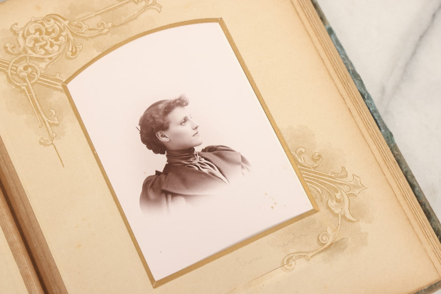 Lot 082 - Antique Cabinet Card And Carte De Visite C.D.V. Photograph Album With 24 Cabinet Card Photographs, Light Blue Velvet Covers With White Celluloid Floral Appliqué, Missing Clasp