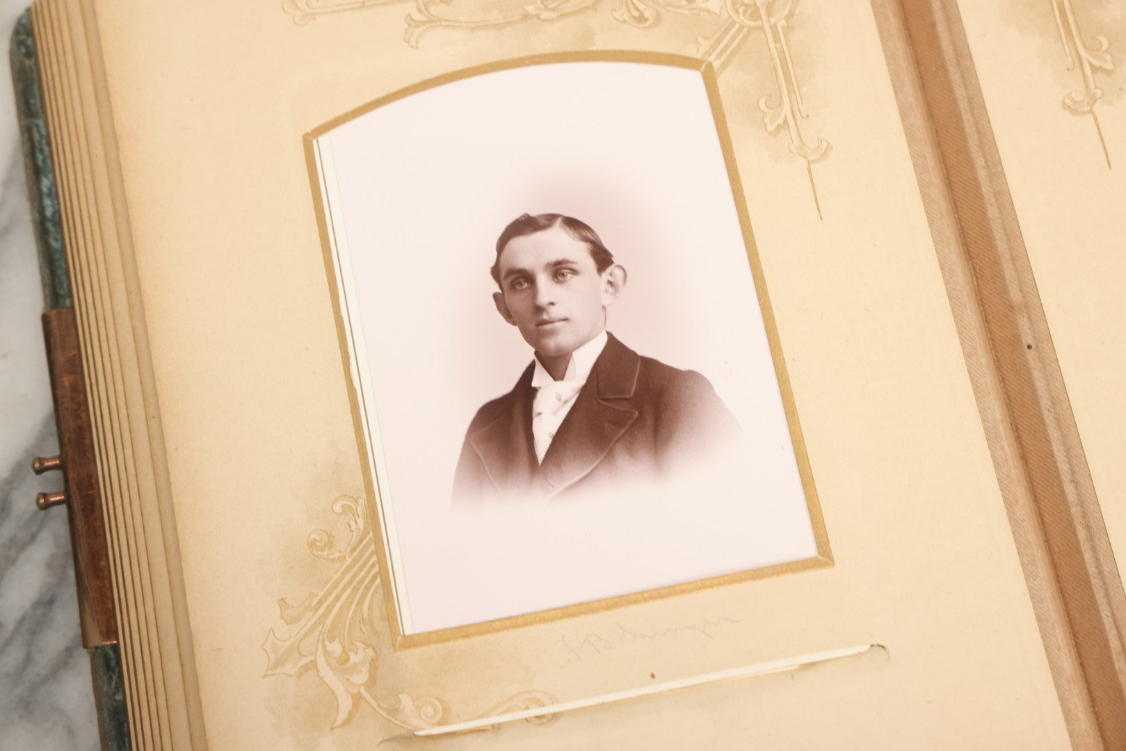 Lot 082 - Antique Cabinet Card And Carte De Visite C.D.V. Photograph Album With 24 Cabinet Card Photographs, Light Blue Velvet Covers With White Celluloid Floral Appliqué, Missing Clasp