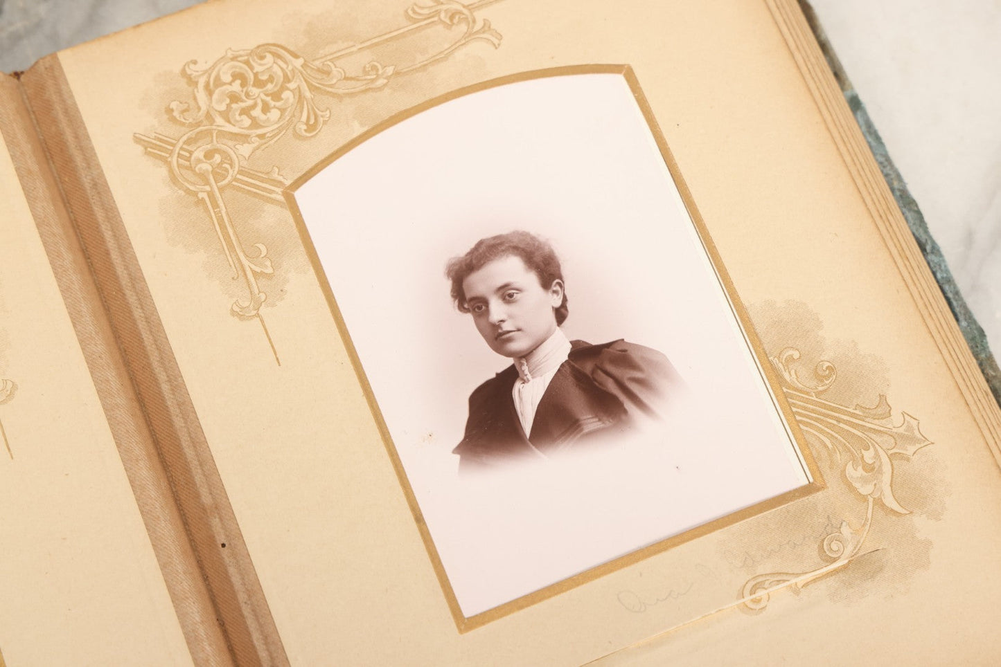 Lot 082 - Antique Cabinet Card And Carte De Visite C.D.V. Photograph Album With 24 Cabinet Card Photographs, Light Blue Velvet Covers With White Celluloid Floral Appliqué, Missing Clasp