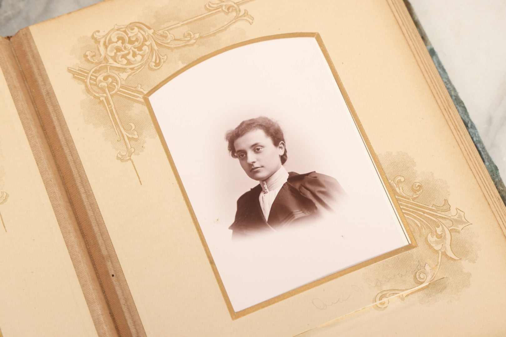 Lot 082 - Antique Cabinet Card And Carte De Visite C.D.V. Photograph Album With 24 Cabinet Card Photographs, Light Blue Velvet Covers With White Celluloid Floral Appliqué, Missing Clasp