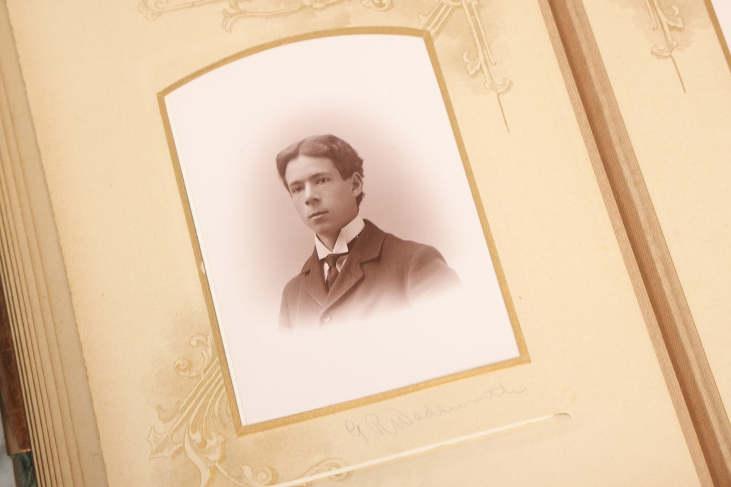 Lot 082 - Antique Cabinet Card And Carte De Visite C.D.V. Photograph Album With 24 Cabinet Card Photographs, Light Blue Velvet Covers With White Celluloid Floral Appliqué, Missing Clasp