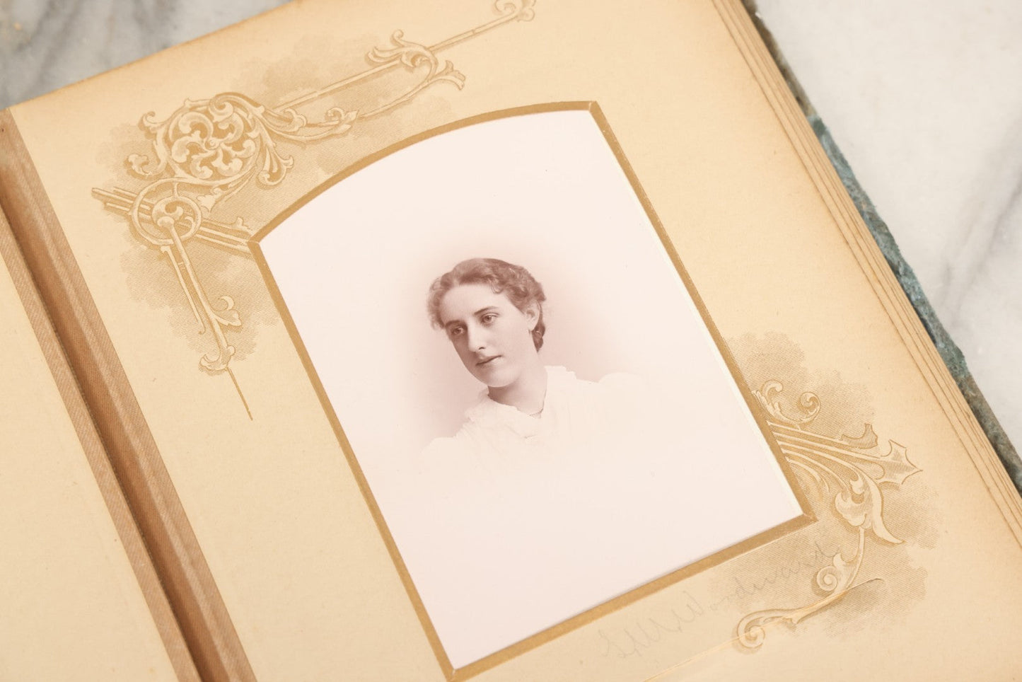 Lot 082 - Antique Cabinet Card And Carte De Visite C.D.V. Photograph Album With 24 Cabinet Card Photographs, Light Blue Velvet Covers With White Celluloid Floral Appliqué, Missing Clasp