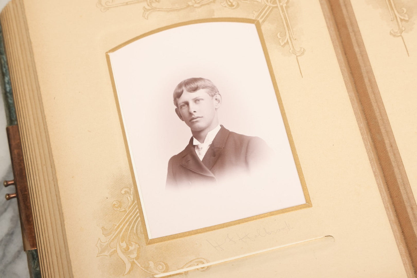 Lot 082 - Antique Cabinet Card And Carte De Visite C.D.V. Photograph Album With 24 Cabinet Card Photographs, Light Blue Velvet Covers With White Celluloid Floral Appliqué, Missing Clasp