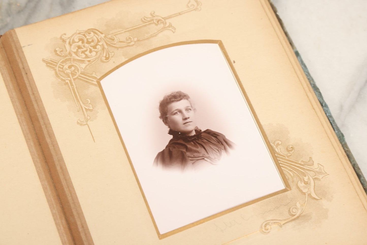 Lot 082 - Antique Cabinet Card And Carte De Visite C.D.V. Photograph Album With 24 Cabinet Card Photographs, Light Blue Velvet Covers With White Celluloid Floral Appliqué, Missing Clasp