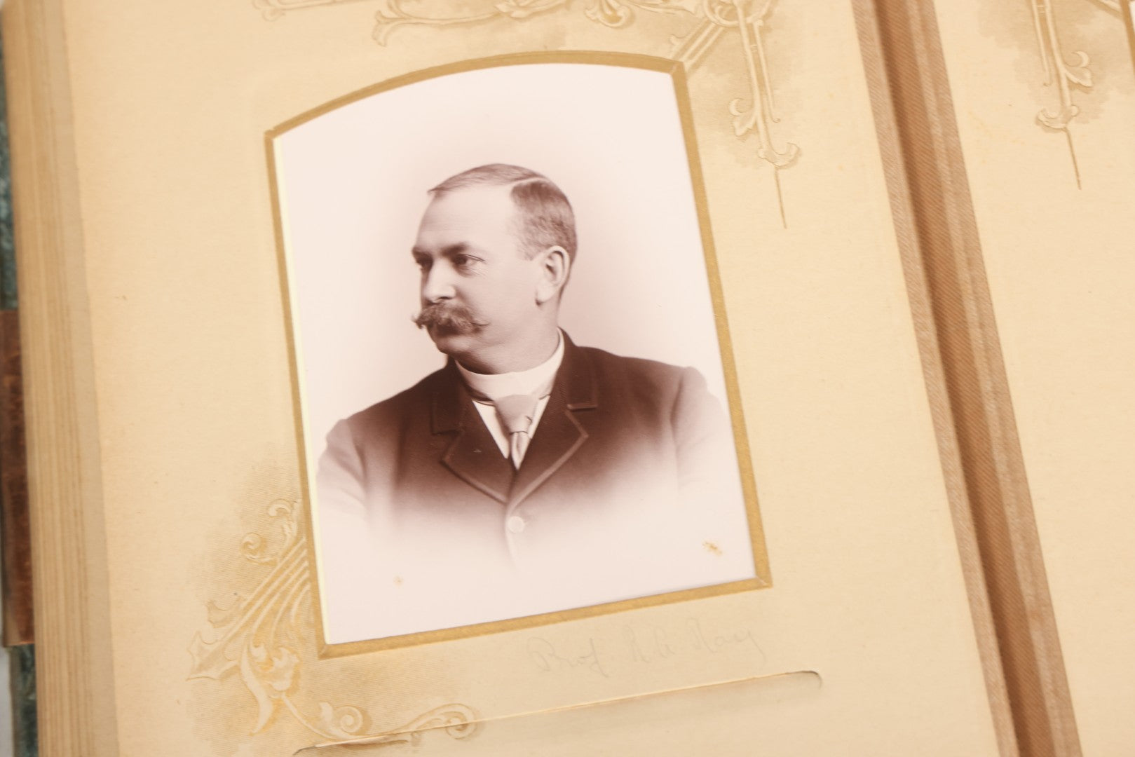 Lot 082 - Antique Cabinet Card And Carte De Visite C.D.V. Photograph Album With 24 Cabinet Card Photographs, Light Blue Velvet Covers With White Celluloid Floral Appliqué, Missing Clasp