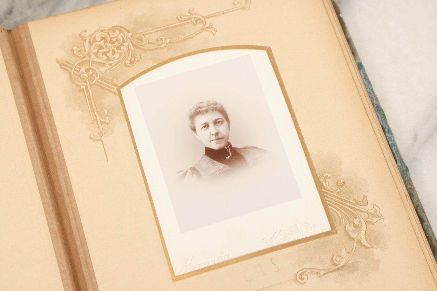 Lot 082 - Antique Cabinet Card And Carte De Visite C.D.V. Photograph Album With 24 Cabinet Card Photographs, Light Blue Velvet Covers With White Celluloid Floral Appliqué, Missing Clasp