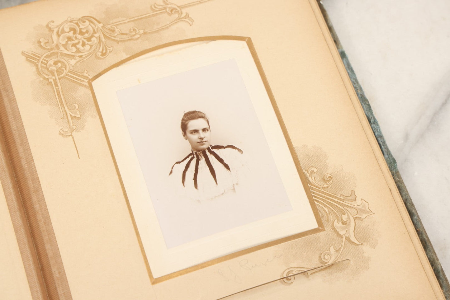 Lot 082 - Antique Cabinet Card And Carte De Visite C.D.V. Photograph Album With 24 Cabinet Card Photographs, Light Blue Velvet Covers With White Celluloid Floral Appliqué, Missing Clasp