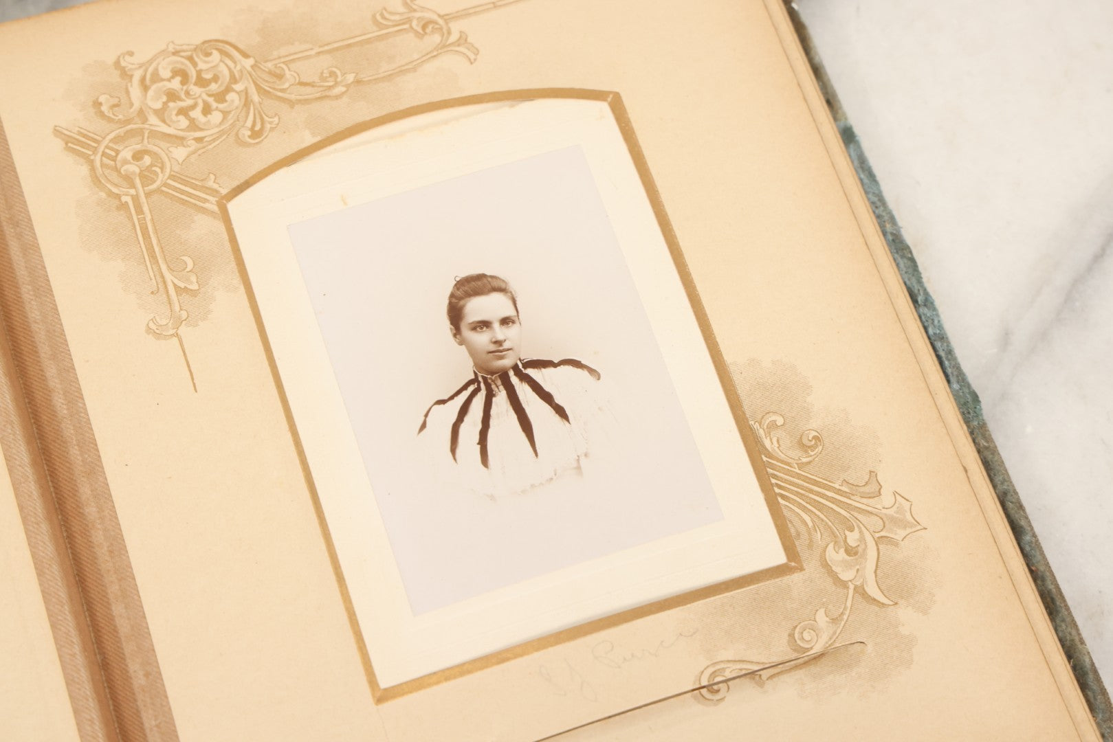 Lot 082 - Antique Cabinet Card And Carte De Visite C.D.V. Photograph Album With 24 Cabinet Card Photographs, Light Blue Velvet Covers With White Celluloid Floral Appliqué, Missing Clasp